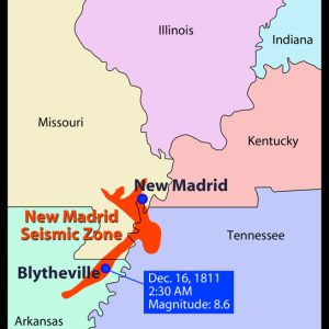 Modern map identifying "New Madrid Seismic Zone" with location of 1811 earthquake indicated.