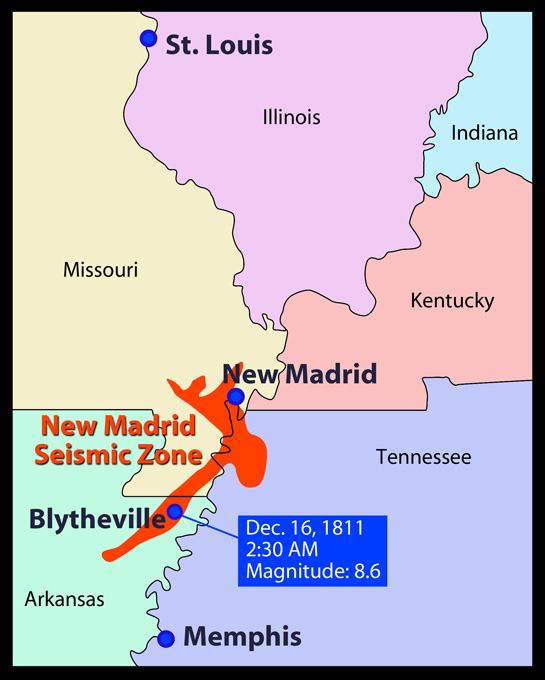 Modern map identifying "New Madrid Seismic Zone" with location of 1811 earthquake indicated.
