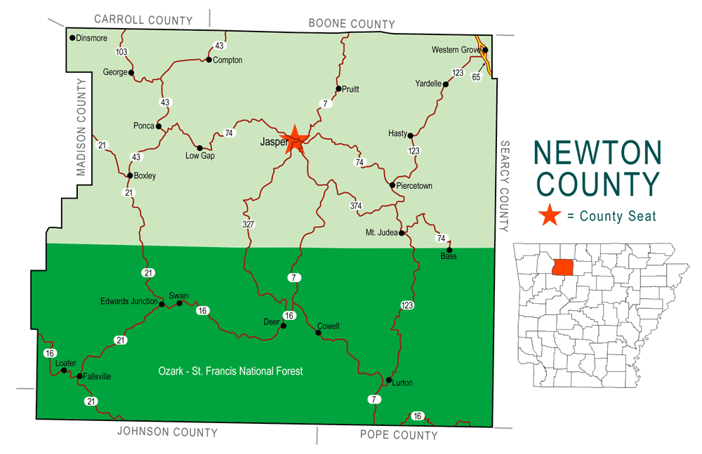 "Newton County" map with borders roads cities national forest