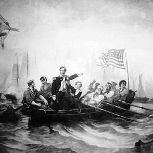 Painting nine soldiers row boat with U.S. flag with commander standing pointing in naval battle
