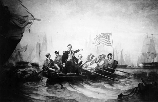 Painting nine soldiers row boat with U.S. flag with commander standing pointing in naval battle