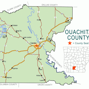 "Ouachita County" map with borders roads cities waterways