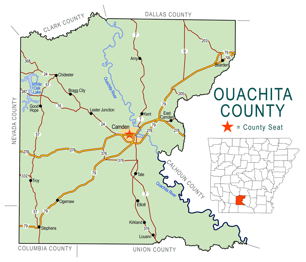 "Ouachita County" map with borders roads cities waterways