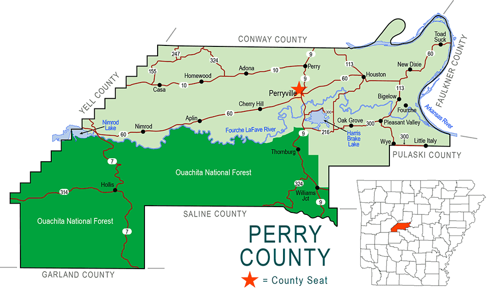 "Perry County" map with borders roads cities waterways national forest