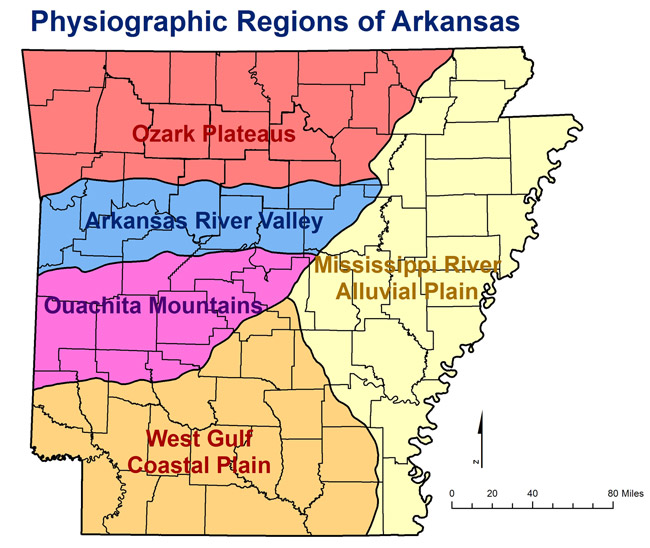 Multicolored map of Arkansas divided into physiographic regions