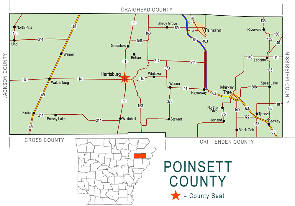 "Poinsett County" map with borders roads cities