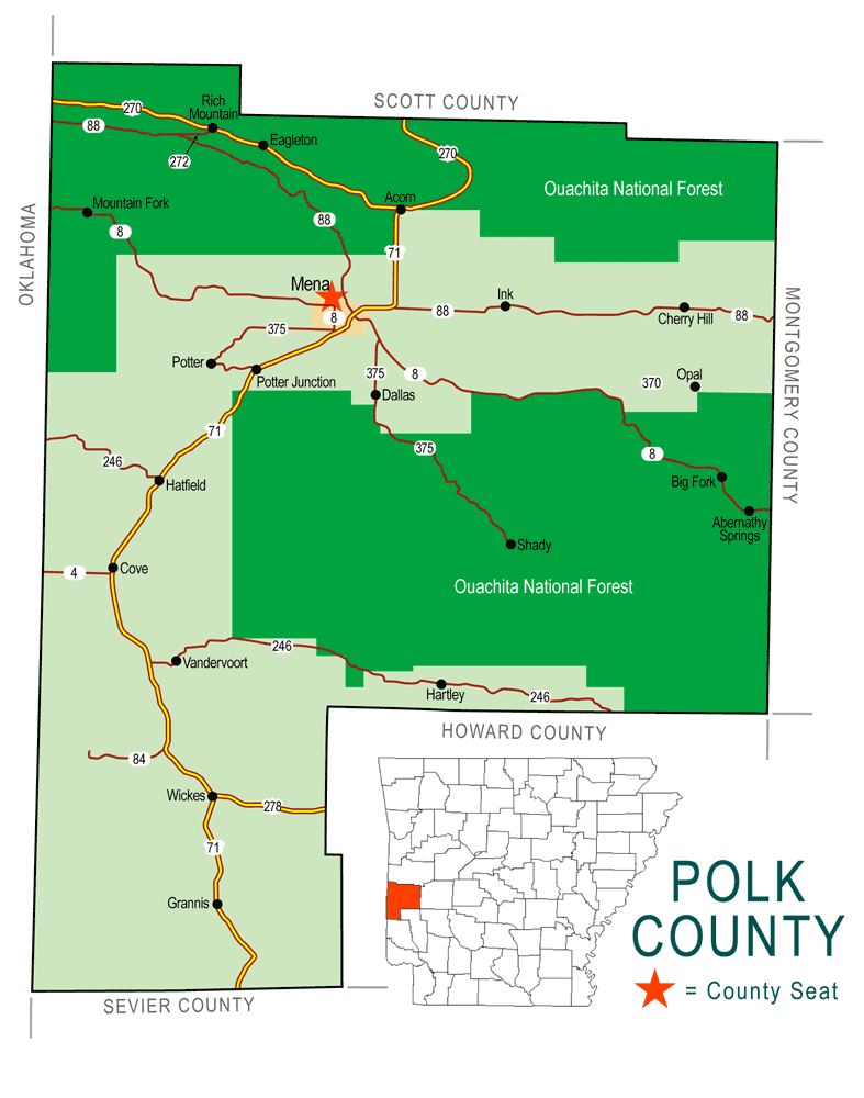 "Polk County" map with borders roads cities national forest
