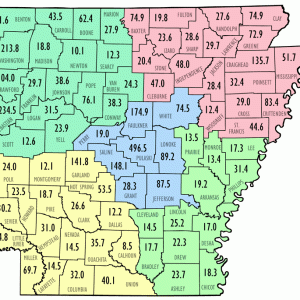 Map of Arkansas with colored sections and numbers in each labeled county