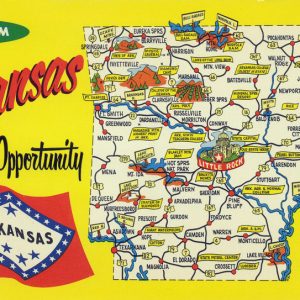 Postcard "Hello from Arkansas land of opportunity" with illustrated Arkansas map and flag