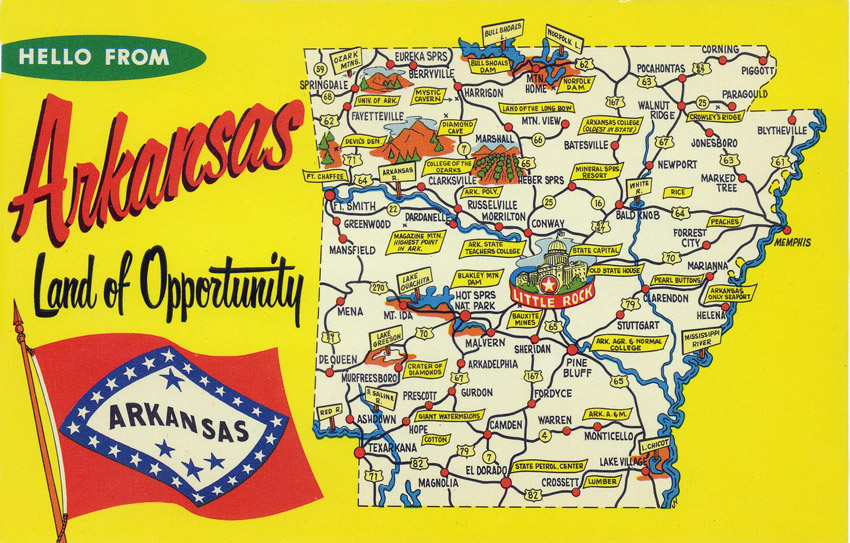 Postcard "Hello from Arkansas land of opportunity" with illustrated Arkansas map and flag