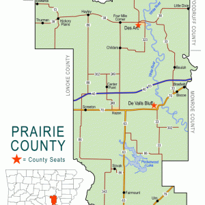 "Prairie County" map with borders roads cities waterways
