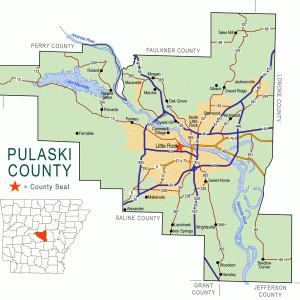"Pulaski County" map with borders roads cities waterways