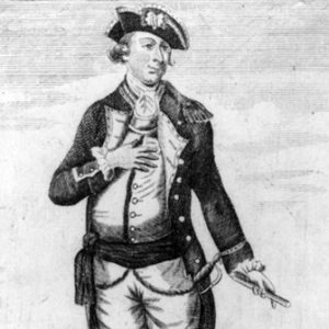 Portrait etching white man military officer with sword smiling hand on chest holding tube object