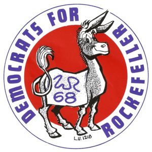"Democrats for Rockefeller" in circle around drawing of donkey draped with blanket reading "W.R. 68"