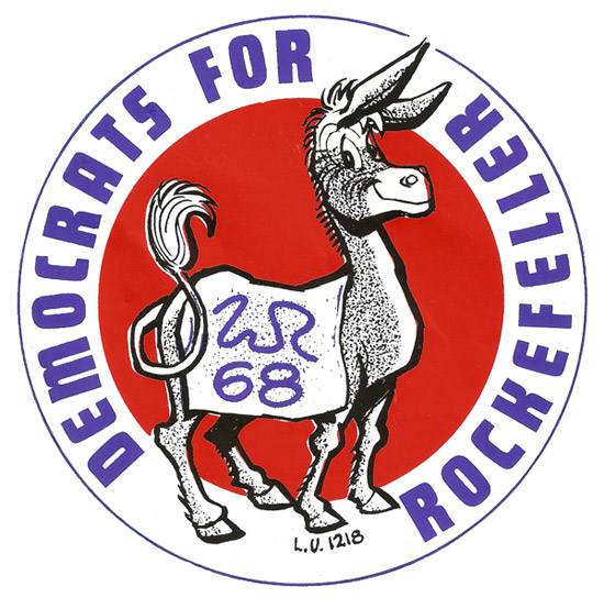 "Democrats for Rockefeller" in circle around drawing of donkey draped with blanket reading "W.R. 68"