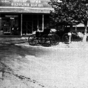 Street with two carriages parked under tree outside store with sign saying "gasoline and oil"