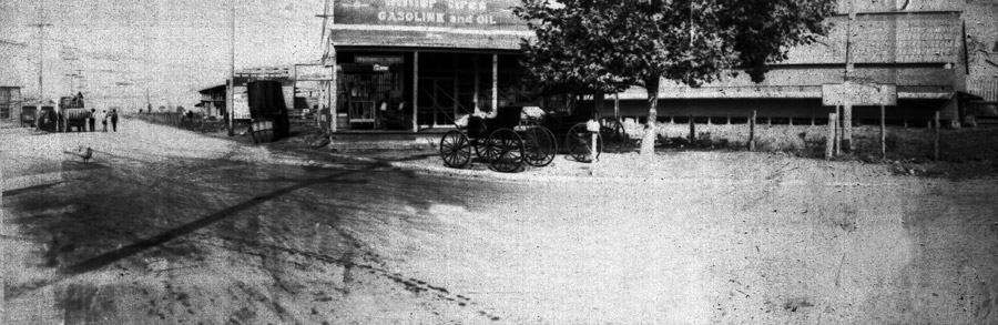 Street with two carriages parked under tree outside store with sign saying "gasoline and oil"