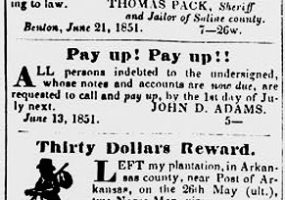 Newspaper clipping with illustrations and three headlines saying "runaway negro in jail," "pay up pay up," and "thirty dollars reward"