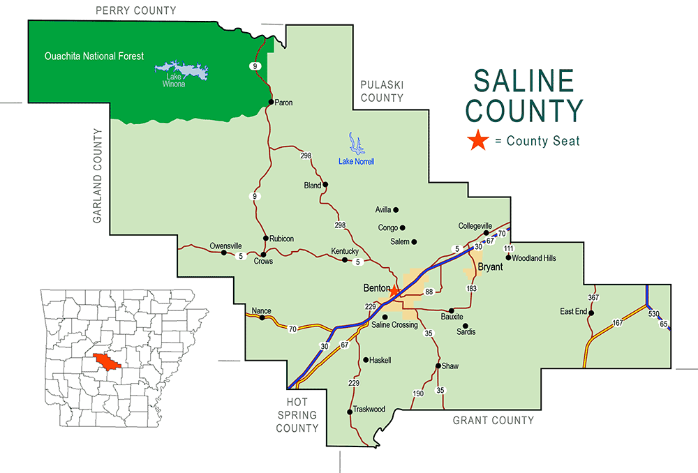 "Saline County" map with borders roads cities national forest lakes