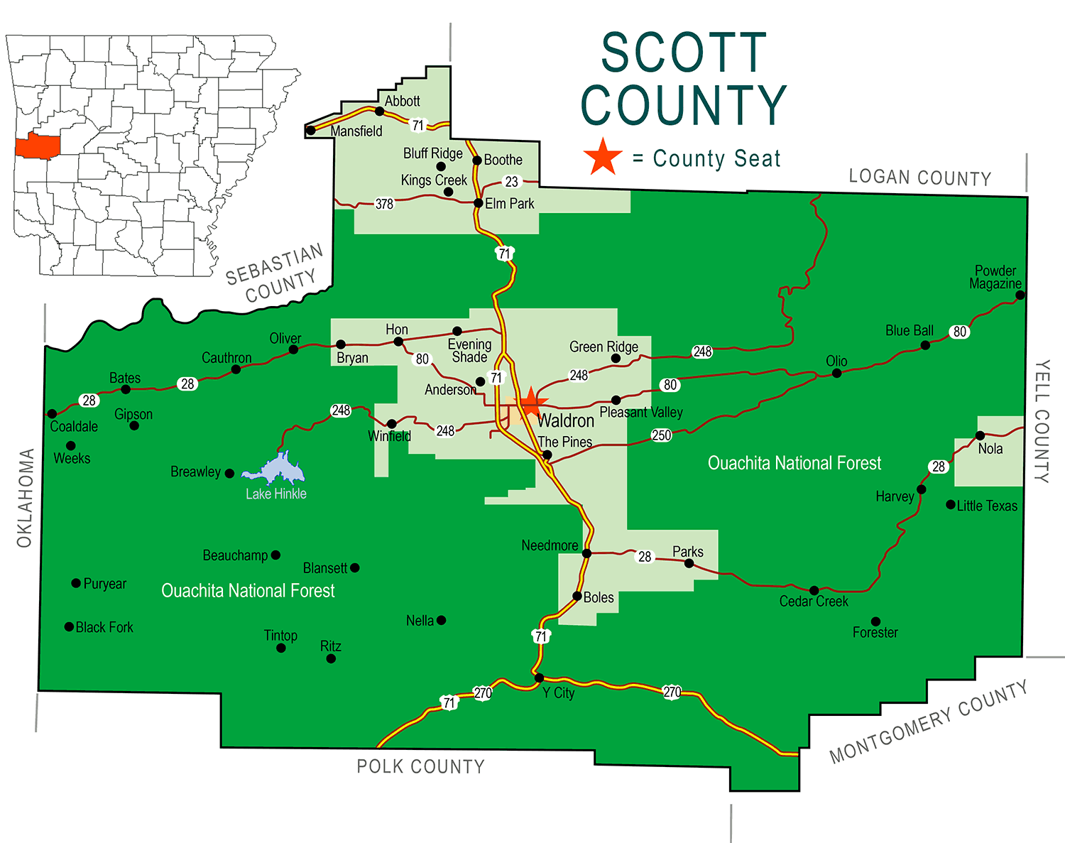 "Scott County" map with borders roads cities lake national forest