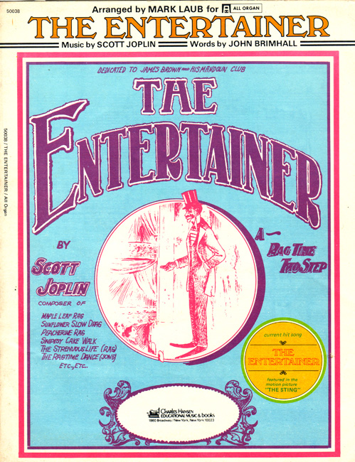 Sheet music book cover for "The Entertainer" with entertainer and audience illustration