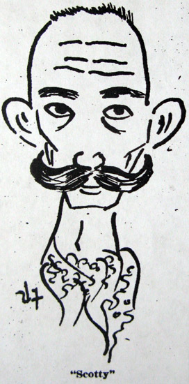 drawing in black ink on white paper of man with large mustache and ears that stick out