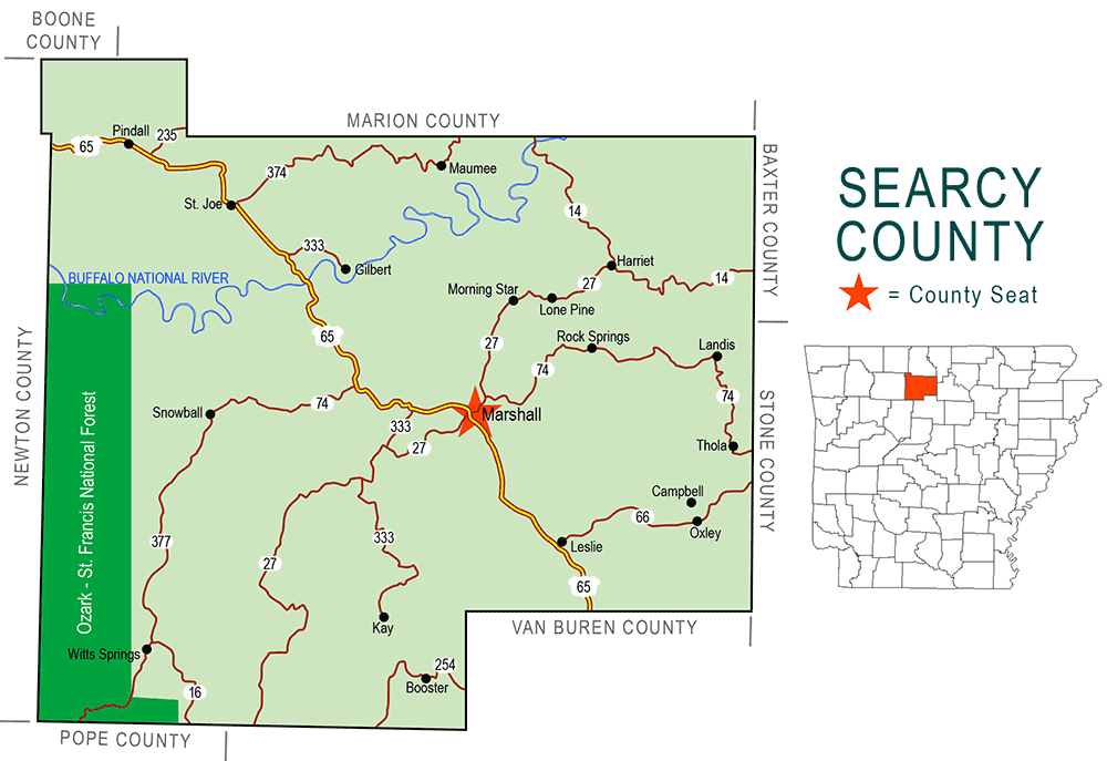 "Searcy County" map with borders roads cities river national forest