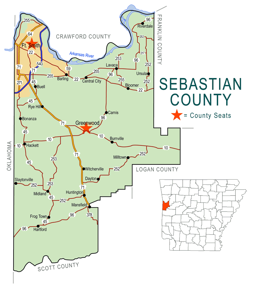 "Sebastian County" map with borders roads cities river