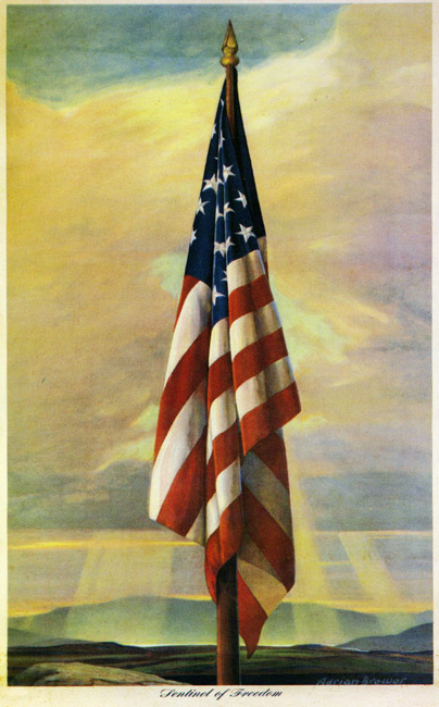 Painting American flag on pole sublime mountain landscape in background with sunlight through clouds