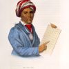 Native American man in a turban with a pipe holding a tablet with letters on it