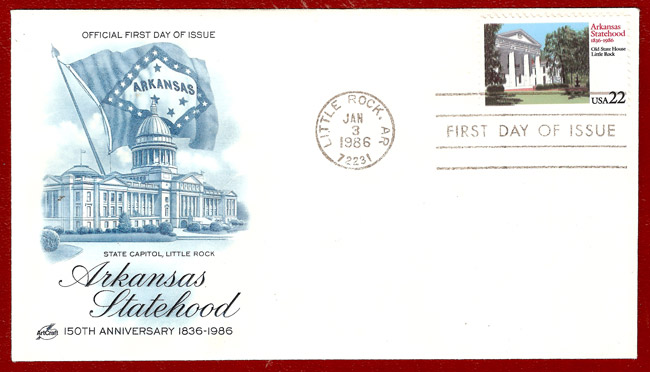 envelope featuring to one side blue scale drawing of state capitol with large state flag and text below reading "Arkansas Statehood 150th Anniversary"