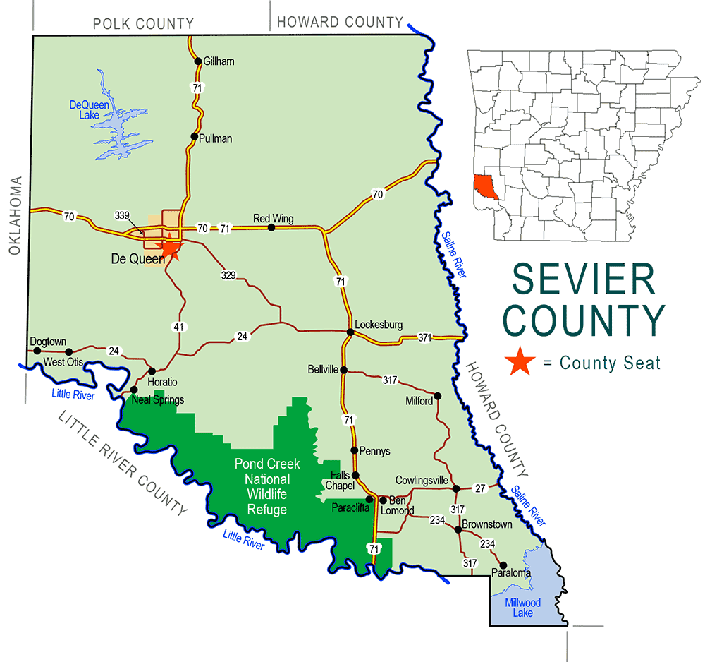 "Sevier County" map with borders roads cities waterways national wildlife refuge