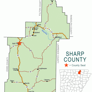 "Sharp County" map with borders roads cities river