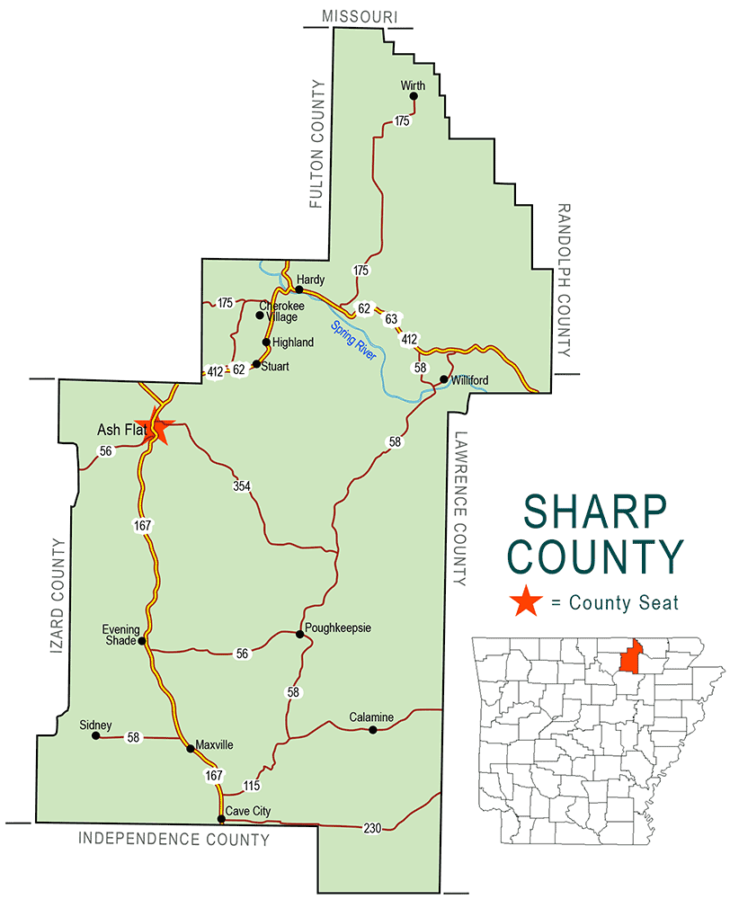 "Sharp County" map with borders roads cities river