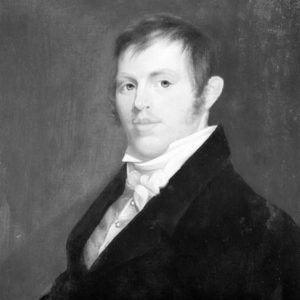 Portrait painting of a young white man smiling with sideburns short straight hair suit jacket and cravat