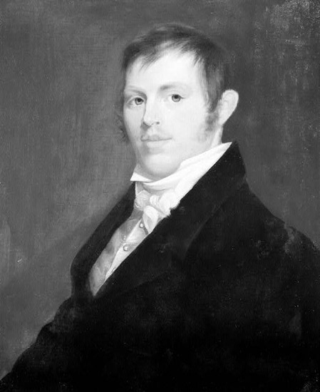 Portrait painting of a young white man smiling with sideburns short straight hair suit jacket and cravat