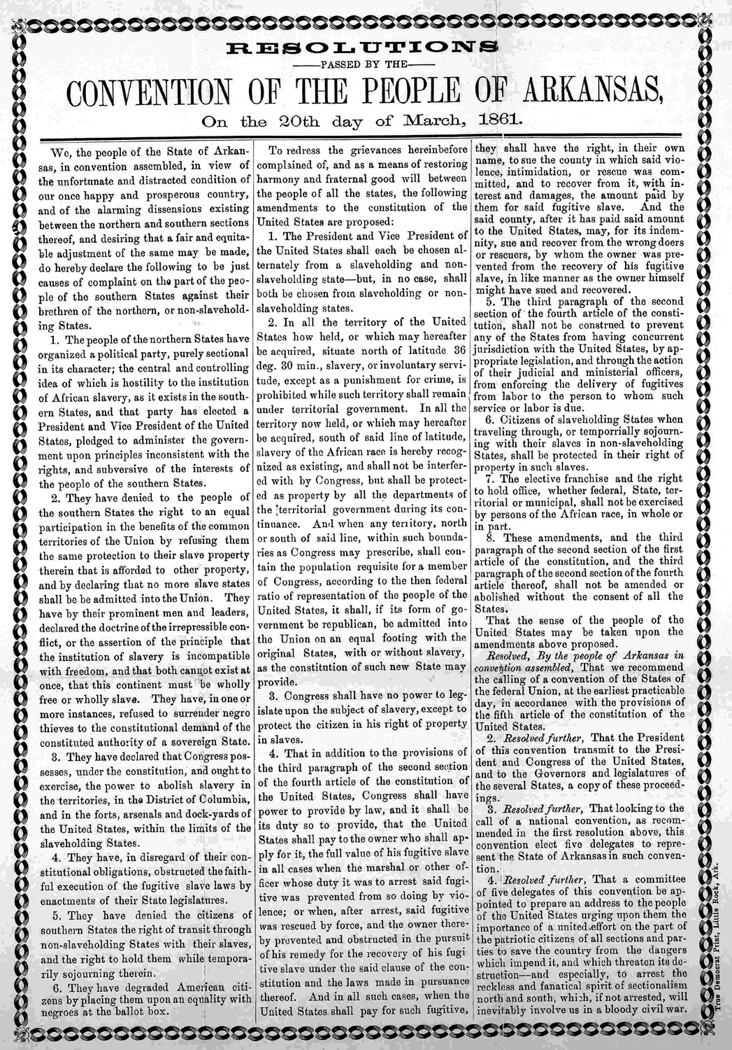 "Resolutions passed by the convention of the people of Arkansas on the twentieth day of March 1861" document in three columns with border art