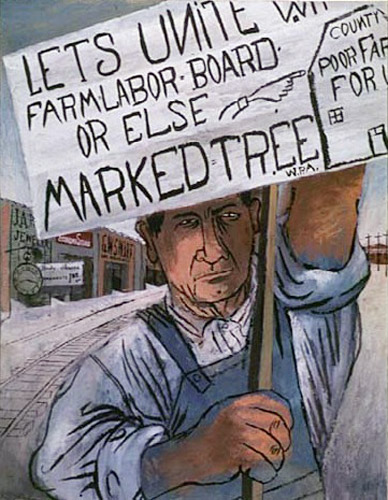 Painting white man overalls with sign "Let's unite farm labor board or else marked tree"