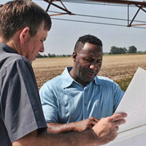 White man and African-American man with papers in vacant field