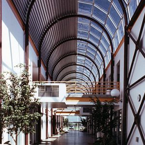 Interior of arched skylight hallway with walking bridges above the floor
