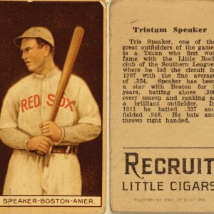 baseball card with portrait of man holding a bat with "Red Sox" on his jersey biography stats and cigar advertisement