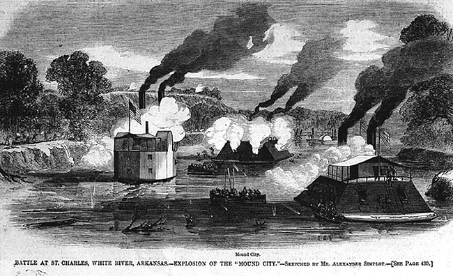drawing of steamboats in a river, labeled "Mound City. Battle at St. Charles, White River, Arkansas--Explosion of the Mound City."