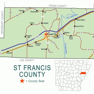 "Saint Francis County" map with borders roads cities river