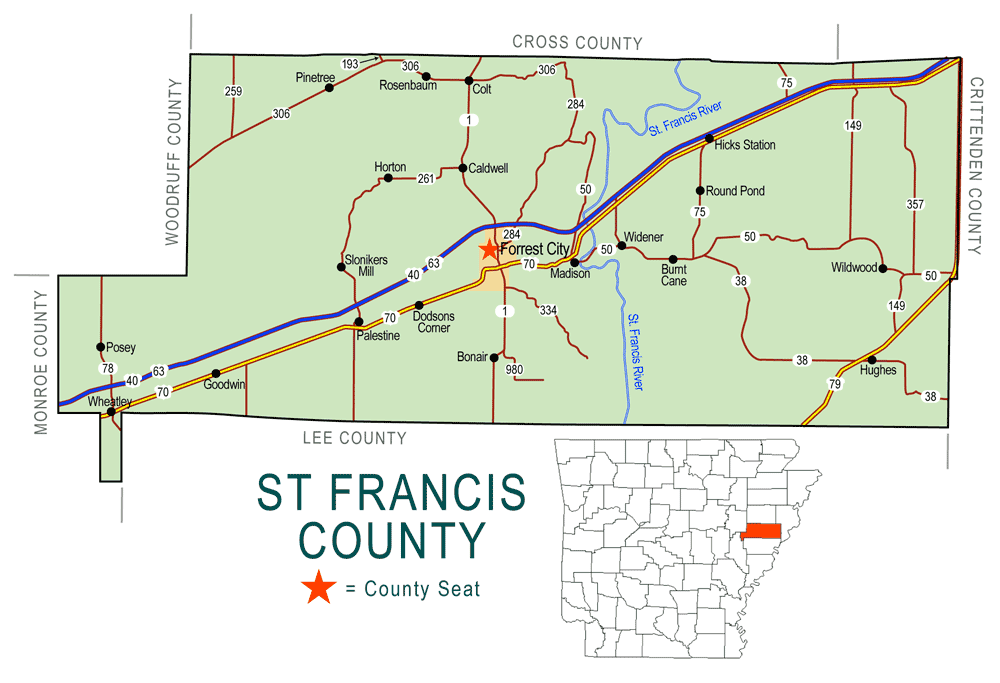 "Saint Francis County" map with borders roads cities river