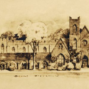 Landscape illustration of church with small figures and caption "front elevation"