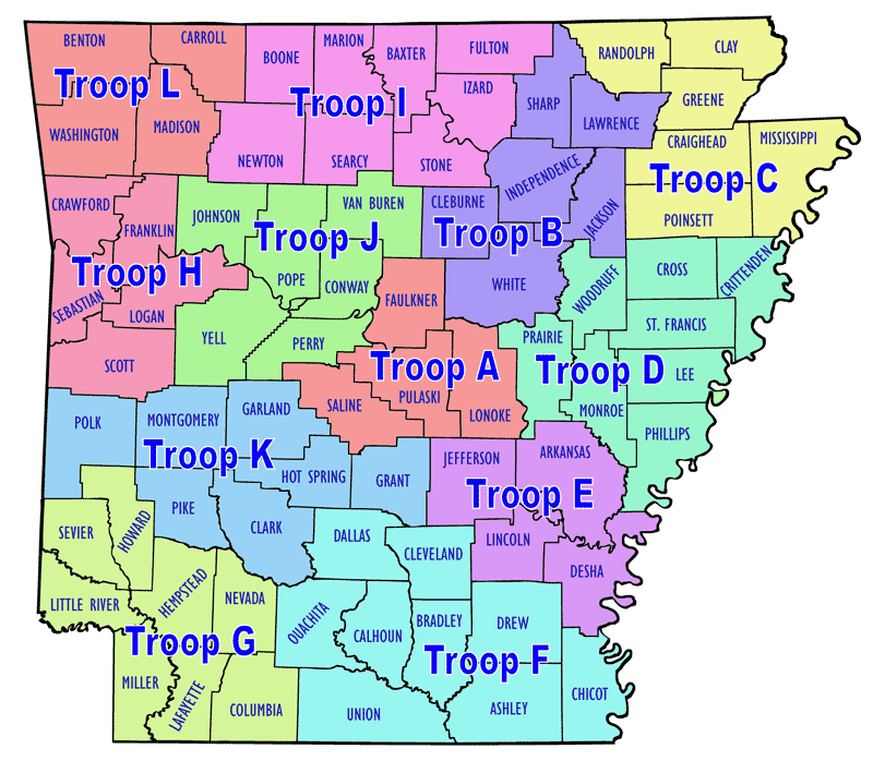 Arkansas State Police Troops Map Encyclopedia Of Arkansas   State Police2 F 