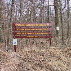 "State line Sand Ponds Natural Area Arkansas Natural Heritage Commission" sign in forest