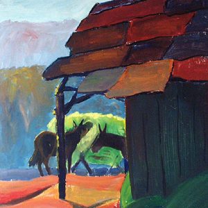 Painting of two mules and wooden barn with trees