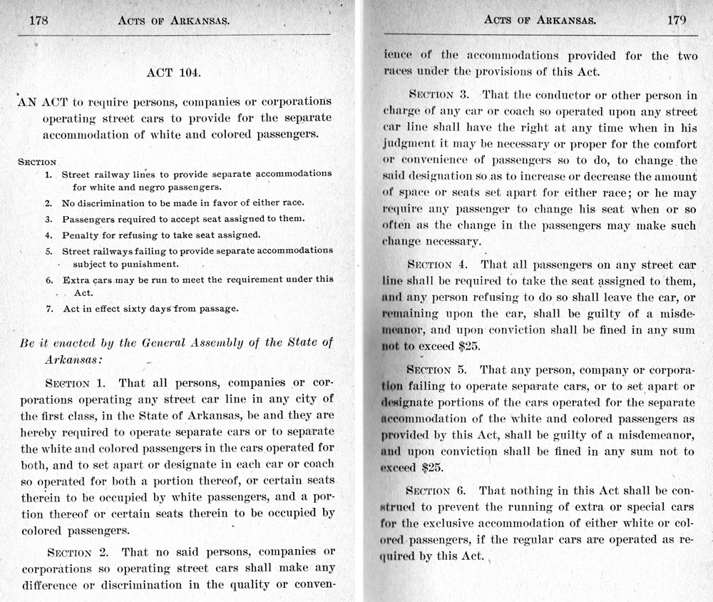 Pages from "Acts of Arkansas" Act 104 section 1-6 regarding street car segregation
