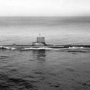 Submarine labeled "394" in ocean with horizon